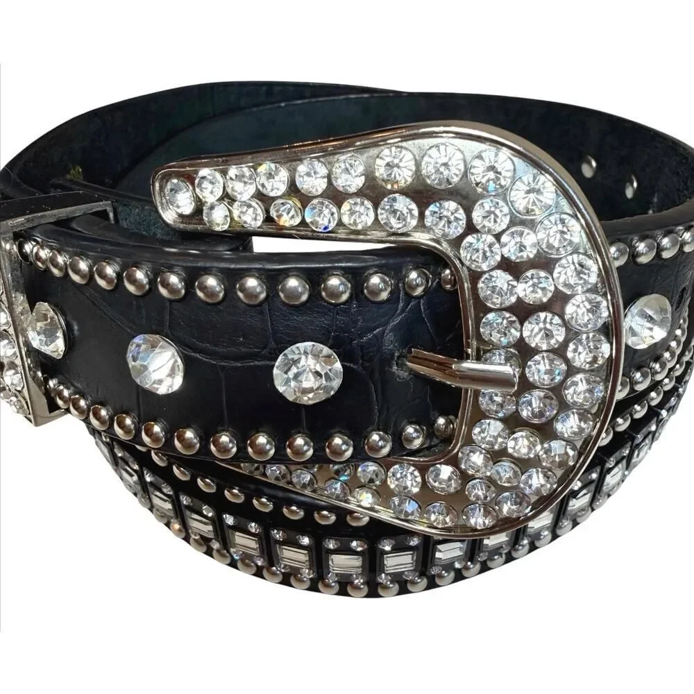 Western Rhinestone Crystal Belt Black Genuine Leather Croc Embossed Studded SM